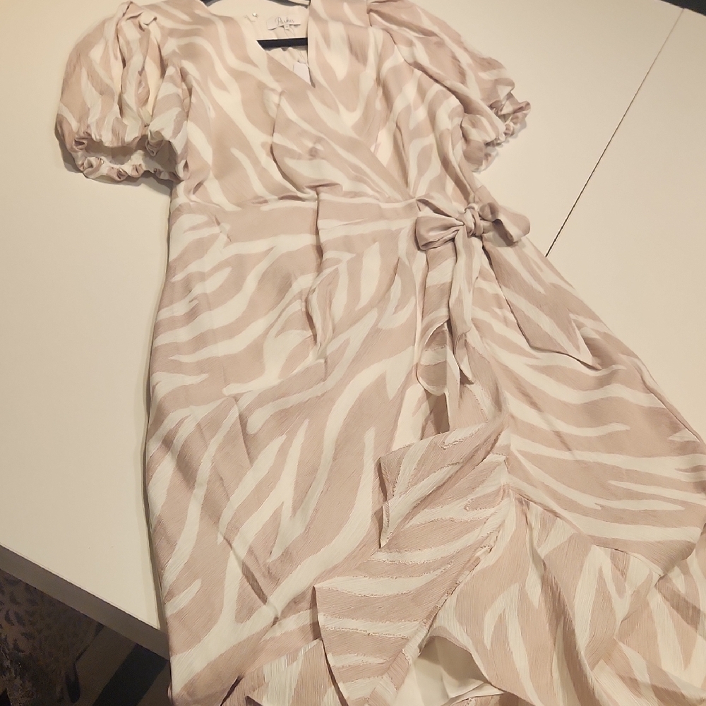 PARKER Pink and White Asymmetrical Faux Wrap Dress